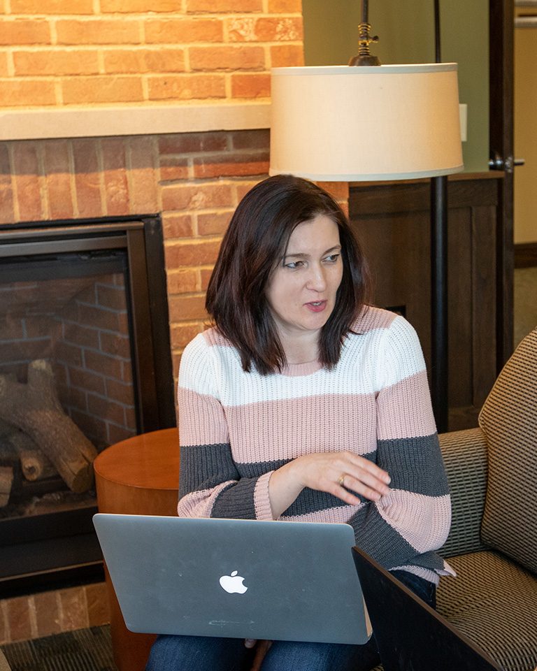 Woman talking and studying 